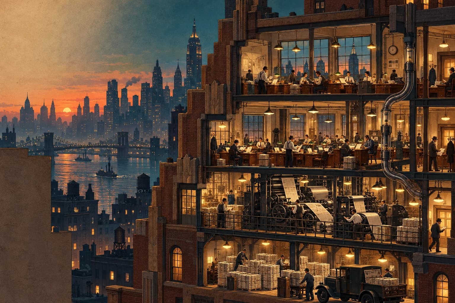 Editorial illustration of a 1930s newspaper office